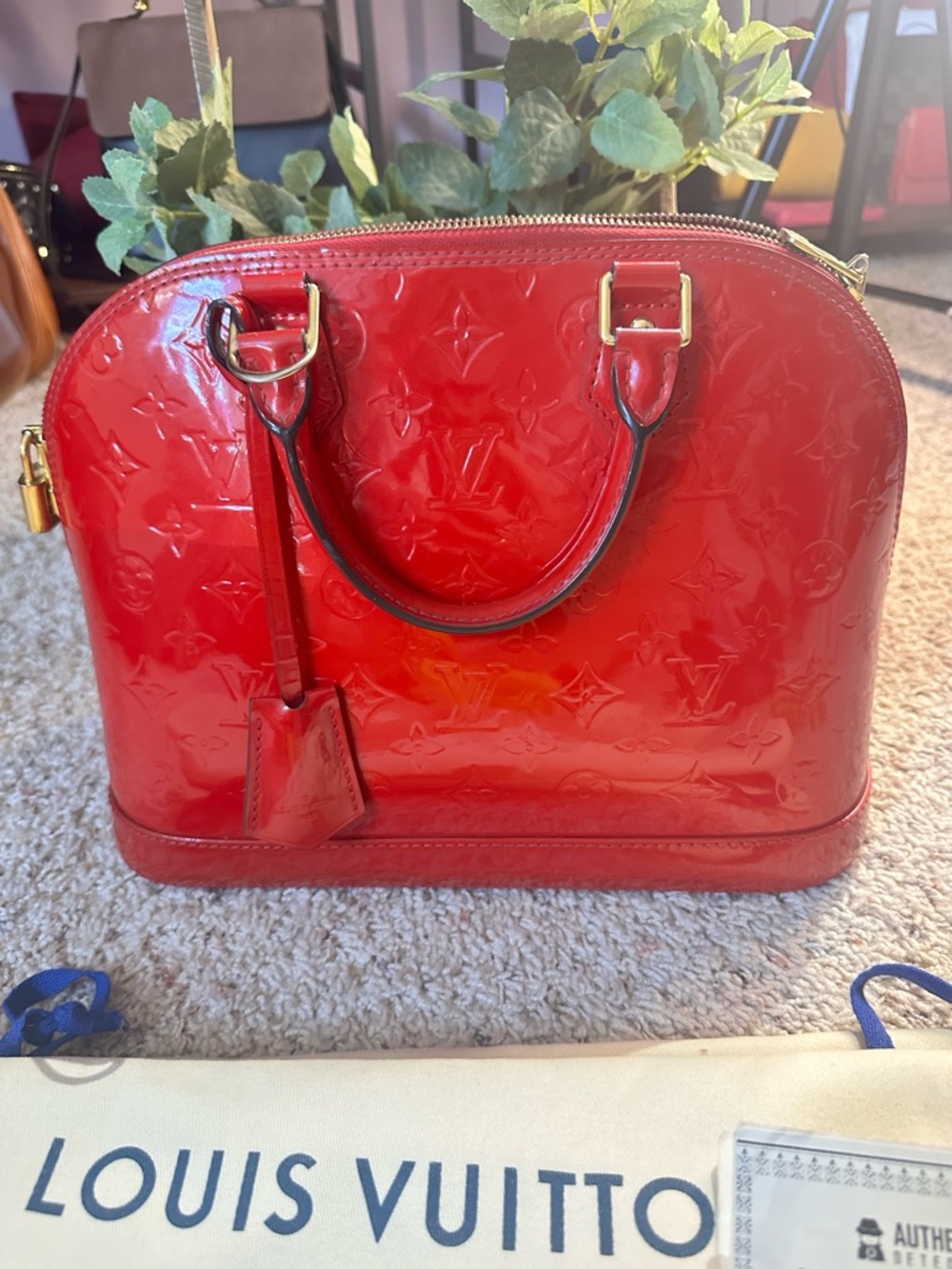 Louis Vuitton Red Vernis Alma Satchel with Gold Hardware